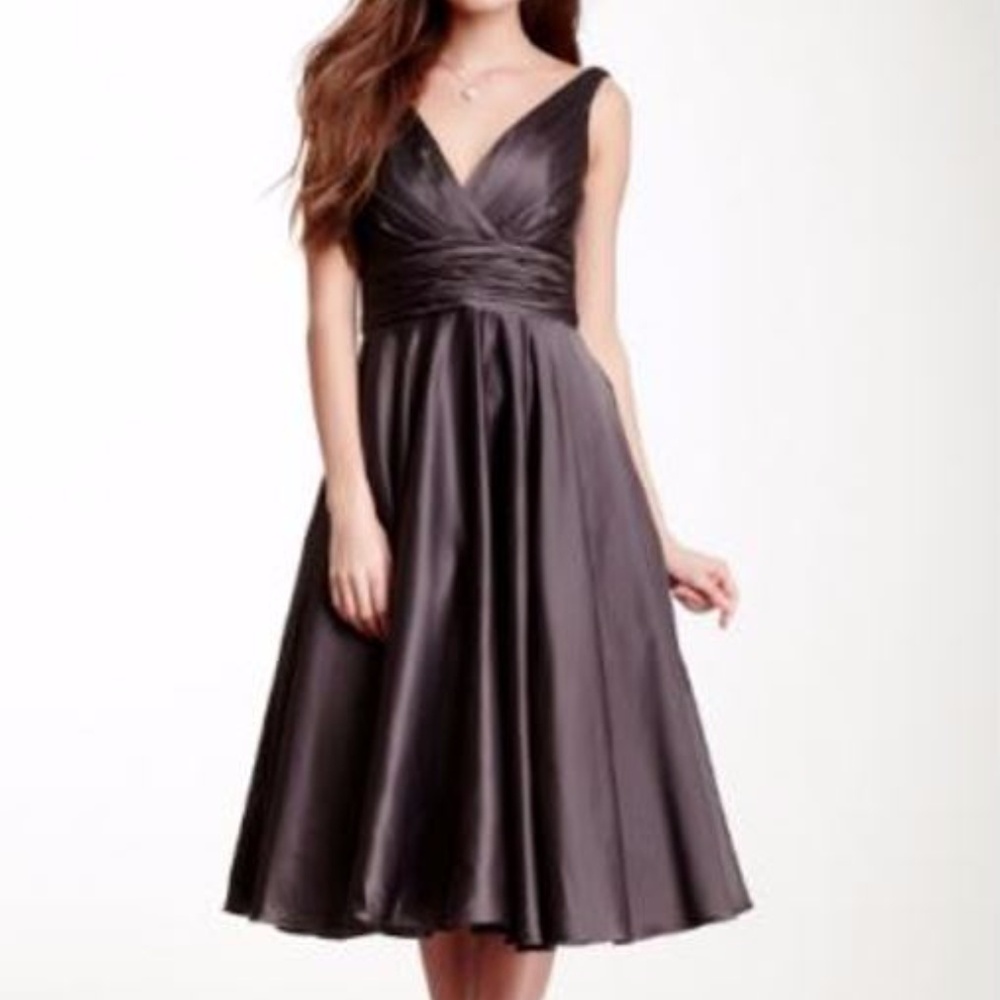 Monique Lhuillier Bridesmaids Satin V-Neck Tea-Length Dress in Charcoal